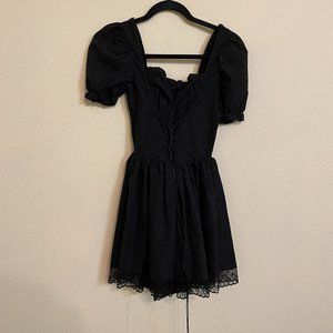 Square Neck Frill Trim Puff Sleeve Lace Up Front Dress